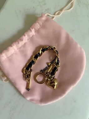 VINTAGE Juicy Couture Gold Chain Bracelet with Black Leather  and Heart Charm